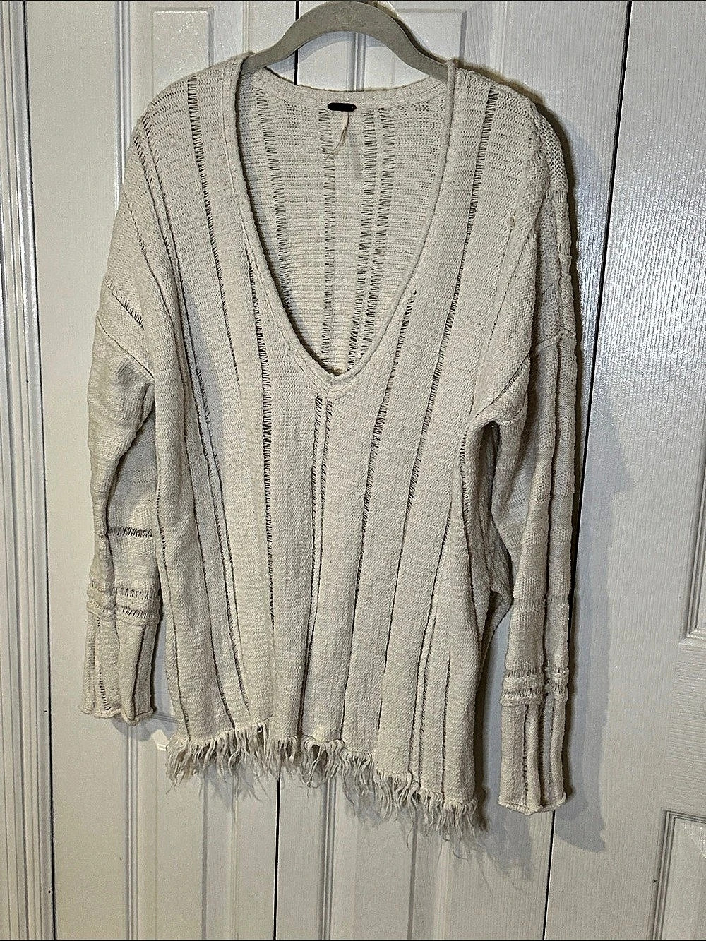 Free People Striped V-Neck Sweater in Cream Size Medium